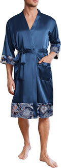 Ekouaer Mens Satin Robe Lightweight Silky Kimono Bathrobe 3/4 Sleeve Spa Knee Length Loungewear with Pockets S-3XL