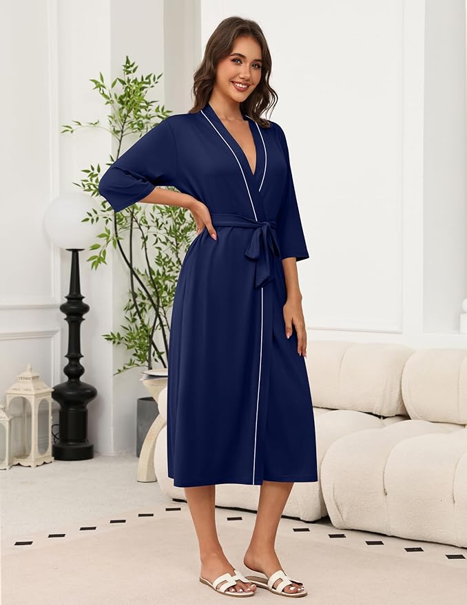 Ekouaer Robes for Women Long Knit Bathrobe Lightweight 3/4 Sleeves Kimono Robe Soft Sleepwear with Pockets S-XXL