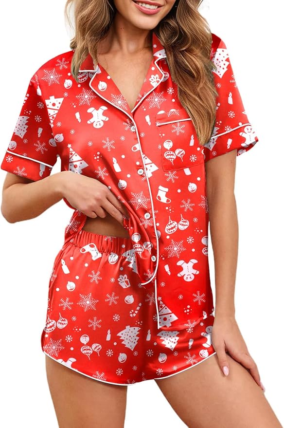 Ekouaer Womens Silk Satin Pajamas Set Short Sleeve Sleepwear Button Down Loungewear 2 Piece Pjs Shorts Set S-5X Plus Size