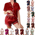 WJing Yi Jia Womens Silk Satin Pajamas Loungewear Two-Piece Sleepwear Button-Down Floral Pj Set XS-4XL