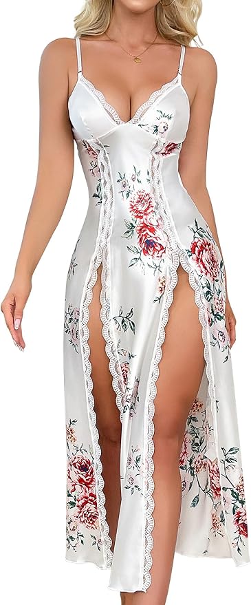 CRIPOM Lingerie Dress for Women V Neck Long Sexy Nightgowns for Women Side Split Sexy Night Gowns