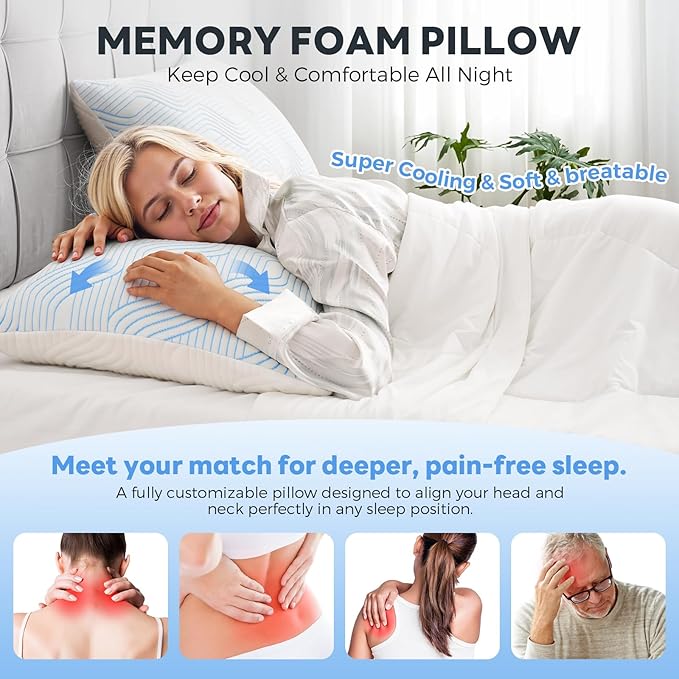 Cooling Bed Pillows for Sleeping 2 Pack Shredded Memory Foam Pillows Standard Size Set of 2 Adjustable Supportive Pillow for Back Stomach Side Sleepers Washable Removable Cover