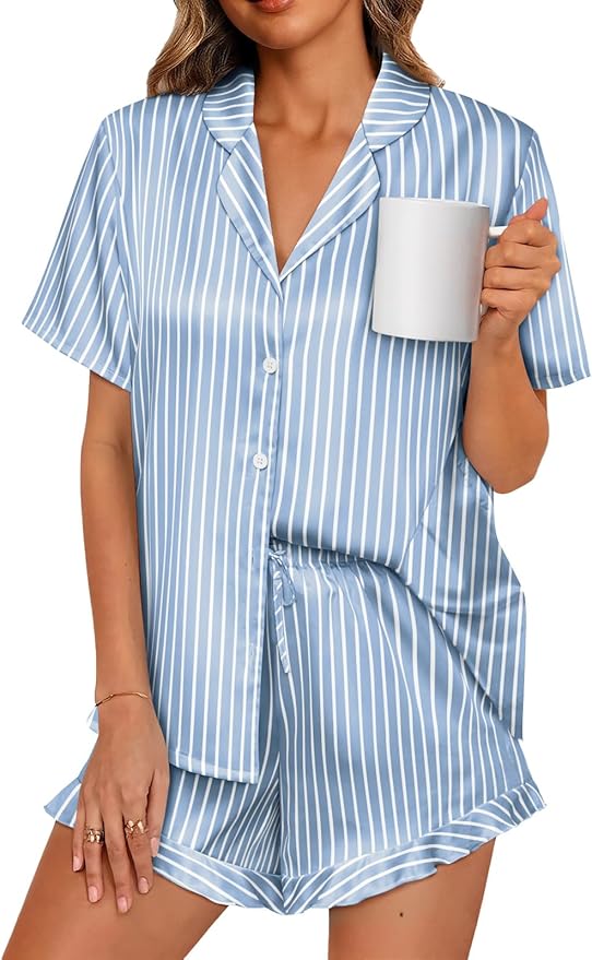 LILLUSORY Womens Satin Silk Pajamas Set 2 Piece Ruffle Pjs Winter Matching Lounge Sleepwear Button Down Striped Shirt Shorts