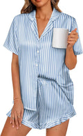LILLUSORY Womens Satin Silk Pajamas Set 2 Piece Ruffle Pjs Winter Matching Lounge Sleepwear Button Down Striped Shirt Shorts