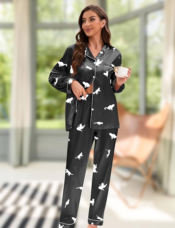 EPLAZA Silk Pajamas for Women Satin Pajamas Set 5 Pcs Long Sleeve Print Pattern Button Down Pjs Sleepwear Loungewear Set