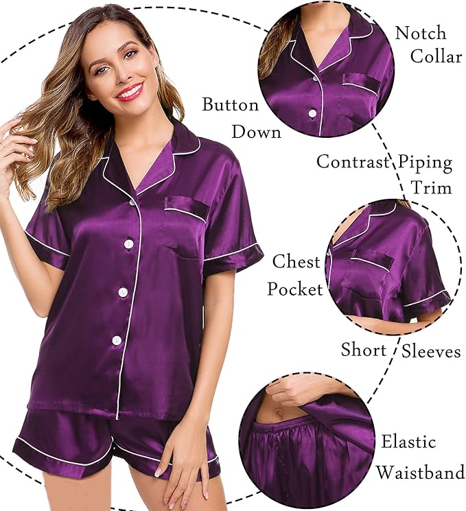 LecGee Womens Silk Satin Pajamas Short Sleeve Loungewear Two-Piece Sleepwear Button-Down Pj Set