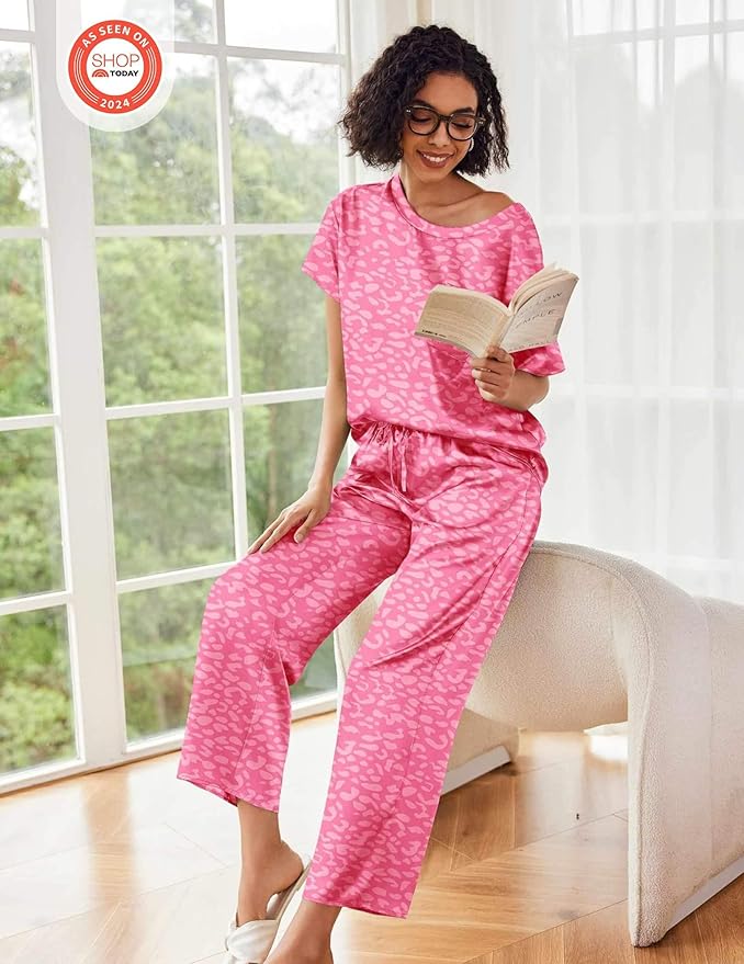 Ekouaer Womens Satin Silky Pajama Set Short Sleeve Shirt with Long Pajama Pant Set Soft PJ Loungewear