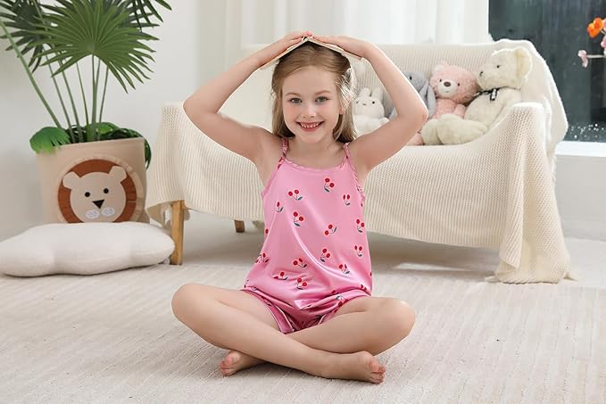 Weixinbuy Girls Pajamas Silk PJS Set Sleeveless Pajama Tank Elastic Waist Shorts Sleepwear Kids Summer Nightwear Clothes Set
