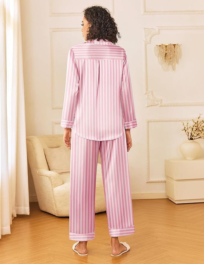 Ekouaer Womens Silk Satin Pajama Sets 2 Piece Sleepwear Pjs Set Long Sleeve Button Down Top and Pants Stripe Loungewear S-XXL