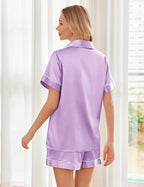 Ekouaer Womens Silk Satin Pajama Sets Soft Short Sleeve Button Down Sleepwear Top and Shorts 2 Piece Pjs Lounge Set