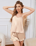 SAPJON Satin Silk Pajamas for Women Set 5PCS Classic Button Down Pajamas Top and Pants Cami and Ruffle Shorts Sleepwear