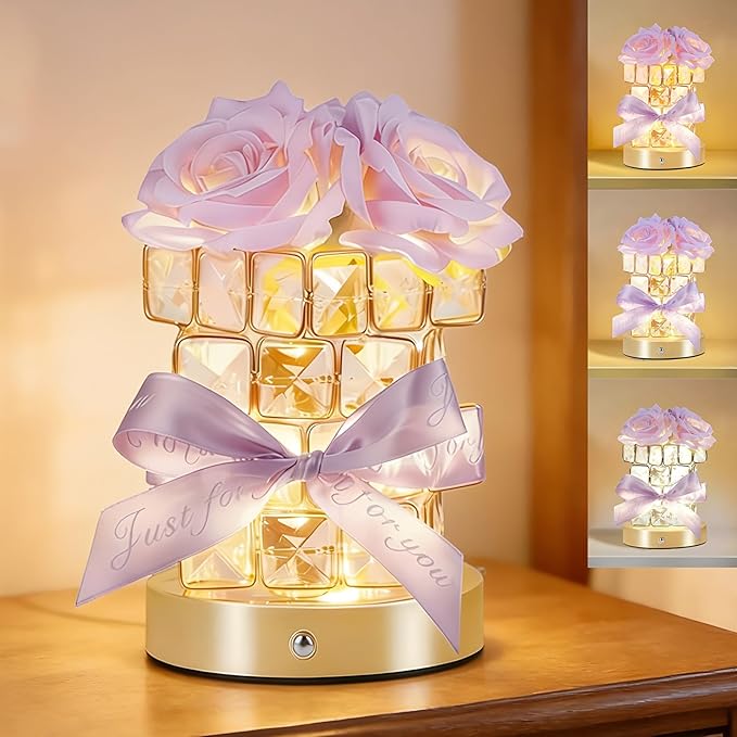 Rose Flower Lamp,Rechargeable Cordless Touch Table Lamp for Bedroom,3-Colour Dimming Flowers Night Light,Crystal Bedside Lamps with USB Charge,Birthday Valentine's Day Gifts for Women,Mom,Wife,Her