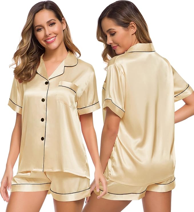 SWOMOG Womens Silk Satin Pajamas Set Short Sleeve Sleepwear Button Down Top and Shorts Loungewear 2 Piece Pjs Set XS-3XL