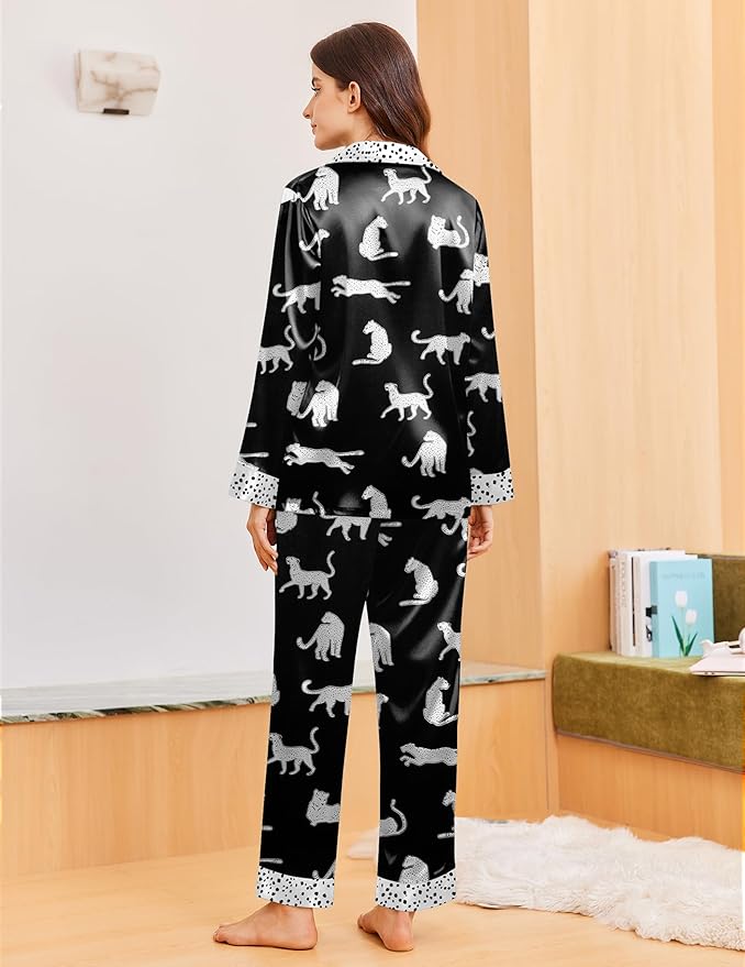 Ekouaer Silk Pajamas for Women Long Sleeve Satin Pajama Set Silky Pj Sets 2 Piece Button Down Loungewear Sleepwear