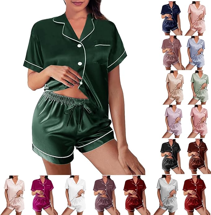 WJing Yi Jia Womens Silk Satin Pajamas Loungewear Two-Piece Sleepwear Button-Down Floral Pj Set XS-4XL