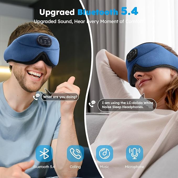 LC-dolida White Noise Sleep Mask, 3D Sleep Headphones with 16 Soothing Sounds, Bluetooth 5.4 Sleep Eye Mask with Timer, Total Blackout Sleeping Headphones for Side Sleeper (Black) (Blue)