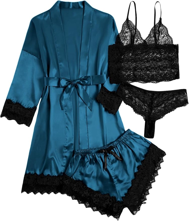 WDIRARA Women' Silk Satin Pajamas Set 4pcs Lingerie Floral Lace Cami Sleepwear with Robe
