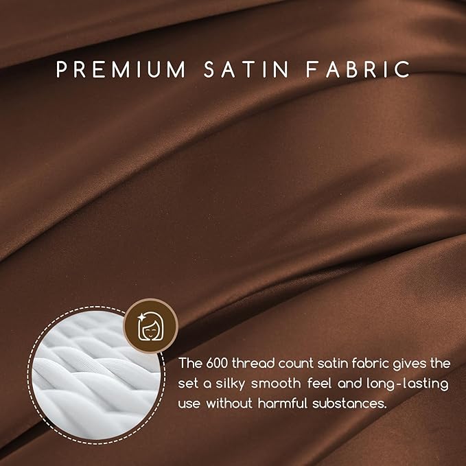 MR&HM Satin Bed Sheets, Full Size Sheets Set, 4 Pcs Silky Bedding Set with 15 Inches Deep Pocket for Mattress (Full, Brown)