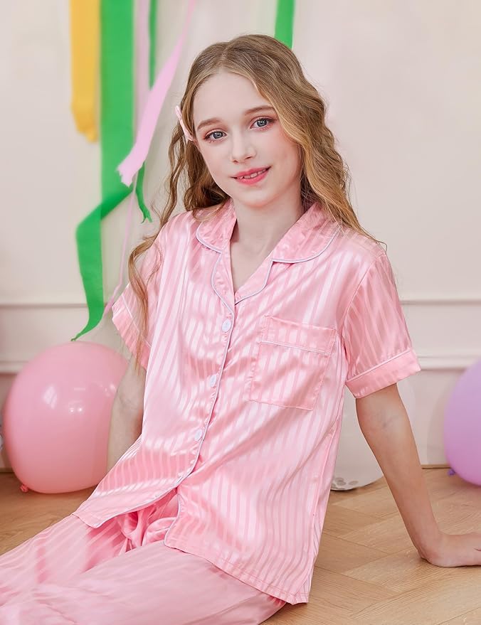 DIPUG 3 Piece Girls Silk Pajamas Set Soft Satin PJs Sleepwear for Comfortable Nights