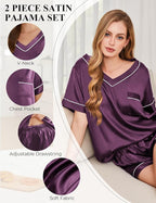 Silk Pajamas for Women Short Sleeve Satin 2 Piece Pj Set Soft V Neck Sleepwear Loungewear, S-XXL