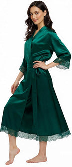 Long Satin Robes for Women Ankle Length Kimono Robes Silky Bridal Party Robes with Lace Trim Bridesmaid Loungewear Sleepwear