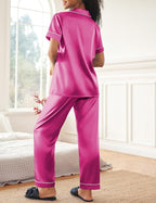 Ekouaer Womens Silky Satin Pajamas Set Short Sleeve Button Down Sleepwear 2 Piece Lounge Set Pj Set