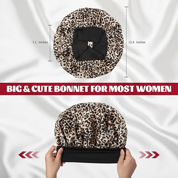 ZHENSILK 2Pcs Satin Bonnet for Sleeping, Silk Hair Bonnets, Soft Elastic Band Silk Sleep Cap, Hair Wrap for Women(Black Leopard)