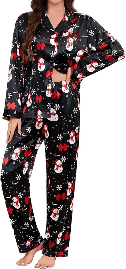 SWOMOG Long Sleeve Pajamas Set Silk Satin Sleepwear Button Down Pjs Loungewear with Pocket