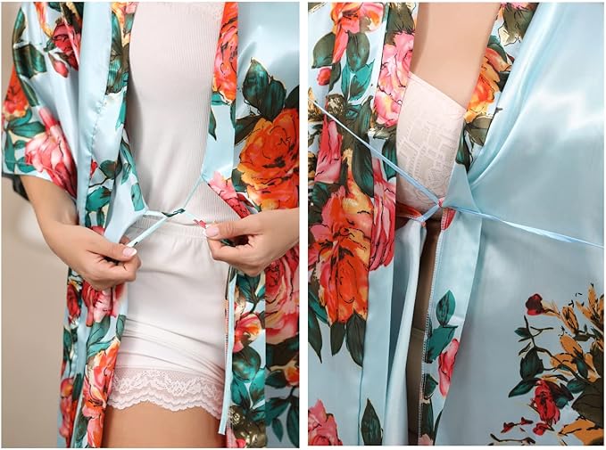 QXQTER Peony Floral Silky Satin Robe Wedding Bridal Party Bride Bridesmaid Robes for Women Dressing Gown Kimono Robe