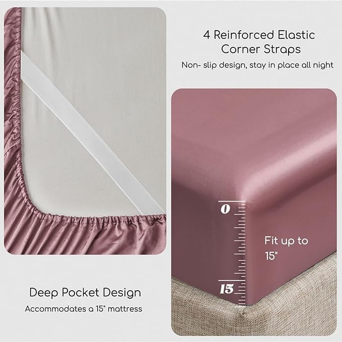 MR&HM Satin Bed Sheets, Full Size Sheets Set, 4 Pcs Silky Bedding Set with 15 Inches Deep Pocket for Mattress (Full, Rose Taupe)