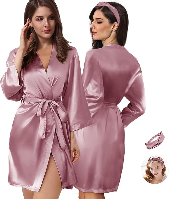 WJing Yi Jia 2Pcs Womens Floral Kimono Robe Silk Robes Bride Bridesmaid Satin Robes Bridal Dressing Gown Silky Bathrobe