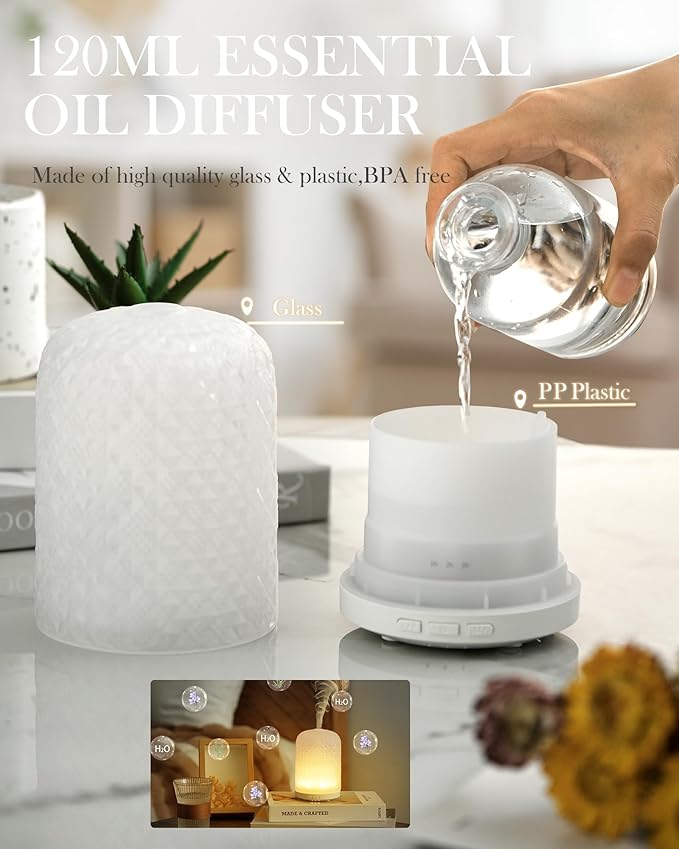 Onaboviva Essential Oil Diffuser - 2.4MHz Ultrasonic Glass Diffuser for Home, 120ml, Pulse&Continuous Mist, Bright/Dim/Breathing Lighting, Waterless Auto-Off, Aromatherapy Diffuser with USB Cable