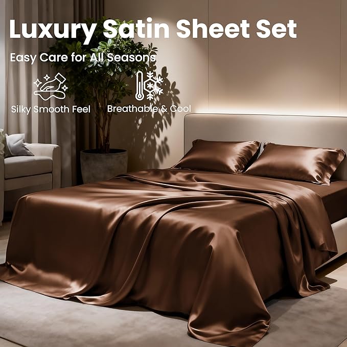 Love's cabin Full Size Satin Sheet Sets - 4 Piece Brown Silky Satin Sheet Set Full with Deep Pocket, Luxury Silk Feel Satin Bed Sheets Full Bedding Set (1 Flat Sheet,1 Fitted Sheet,2 Pillow Cases)
