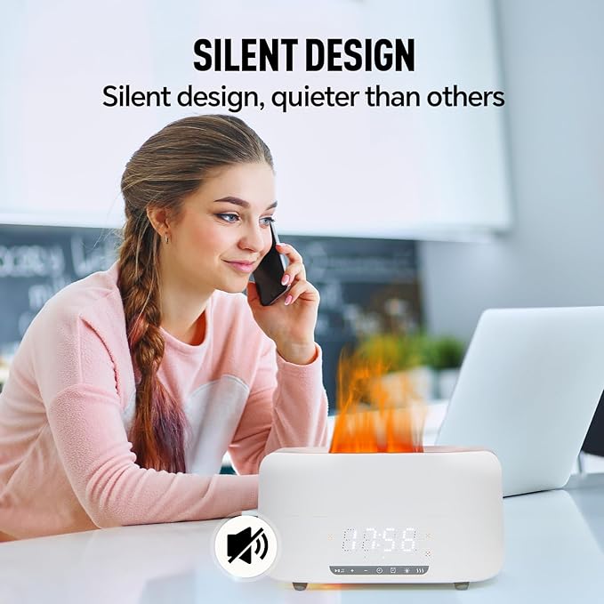 Aroma Diffuser with Bluetooth Speaker, 5-in-1 Essential Oil Diffuser Flickering Flame, 400mL Humidifier LED Clock Remote, Quiet for Bedroom Home Office Auto Shut-Off Gift (White)