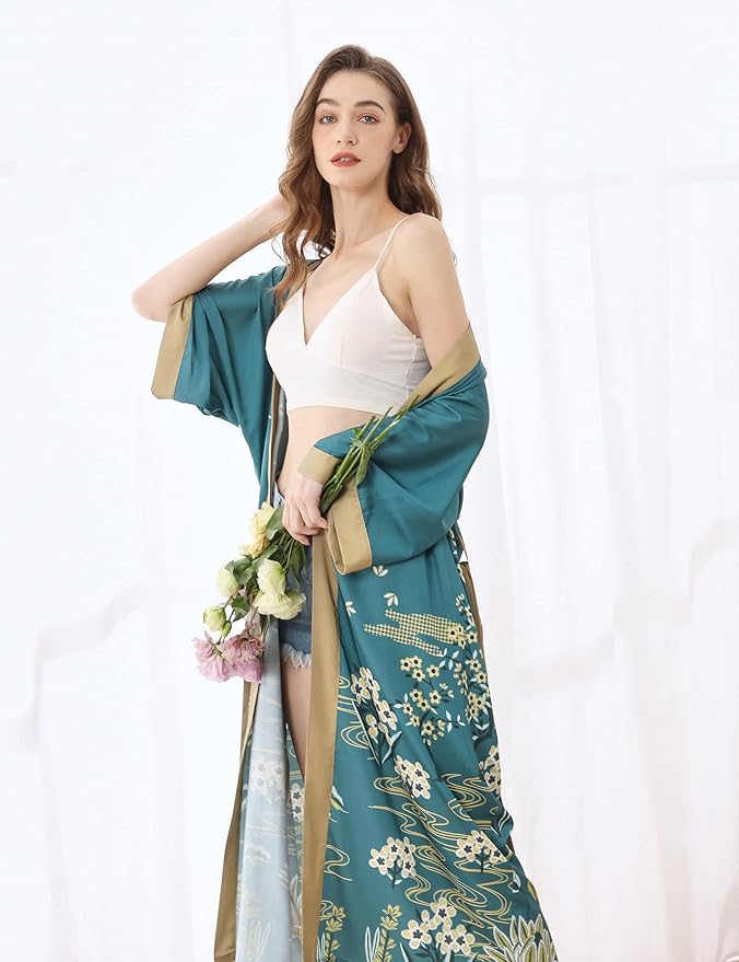 Aensso Long Soft Lightweight Silky Kimonos Robes for Women, Luxury Japanese Floral Womens Kimono Robe