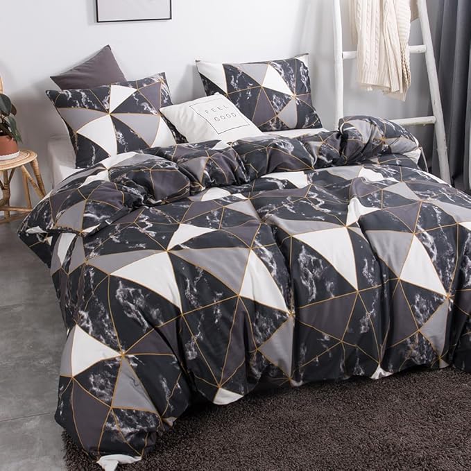 CLOTHKNOW Black White Marble Comforter Set King Triangle Plaid Bedding Sets All Season Geometric Comforter