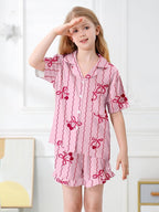 Umeyda Girls & Women Satin Pajamas Set Button Down 2 Piece Silk Pjs Shorts Set Ruffle Sleepwear, 5 Years-Women L