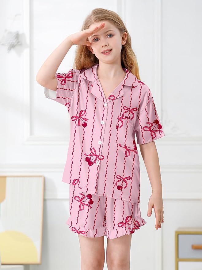 Umeyda Girls & Women Satin Pajamas Set Button Down 2 Piece Silk Pjs Shorts Set Ruffle Sleepwear, 5 Years-Women L