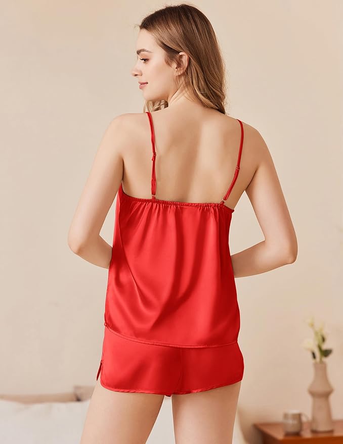 Ekouaer Silk Pajamas Set for Women Satin Camisole Sleepwear Lingerie V-Neck Cami Top and Shorts Pjs
