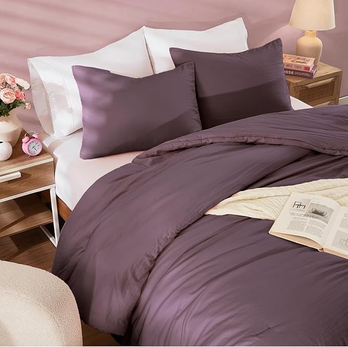 WRENSONGE King Size Comforter Set - 3 Pieces Deep Purple Comforter Prewashed Soft Lightweight for All Seasons,Fluffy Down Alternative Comforter King Size with 2 Pillow Shams