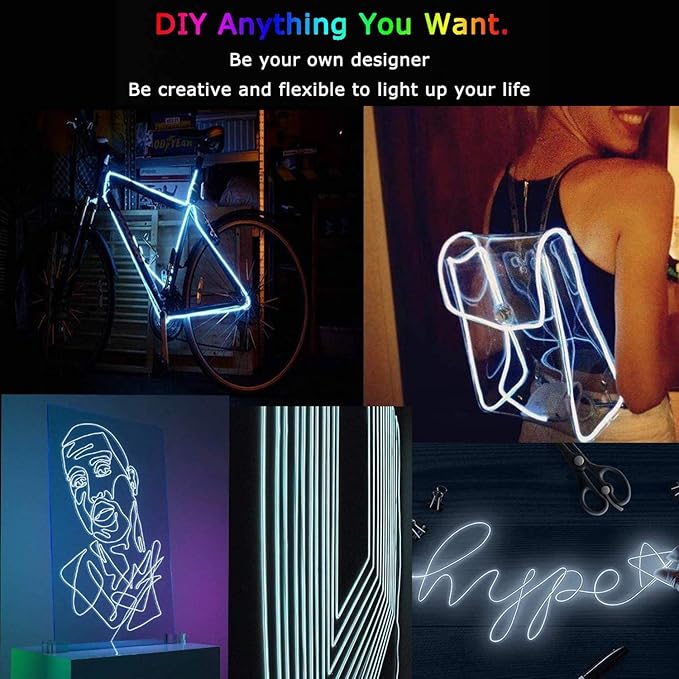 JIGUOOR EL Wire Battery Pack 16.4ft / 5m Bright Neon Light Strip 360° Illumination Neon Tube Rope Lights for DIY, Festival, Party Decoration, Pub, Halloween, Chrismas (16.4ft / 5m, White)
