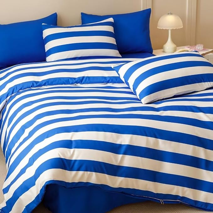 CLOTHKNOW Stripes Comforter Set Full Size Blue White Bedding Comforter Sets Farmhouse Bedding Soft Comforter with 2 x Pillow Cases