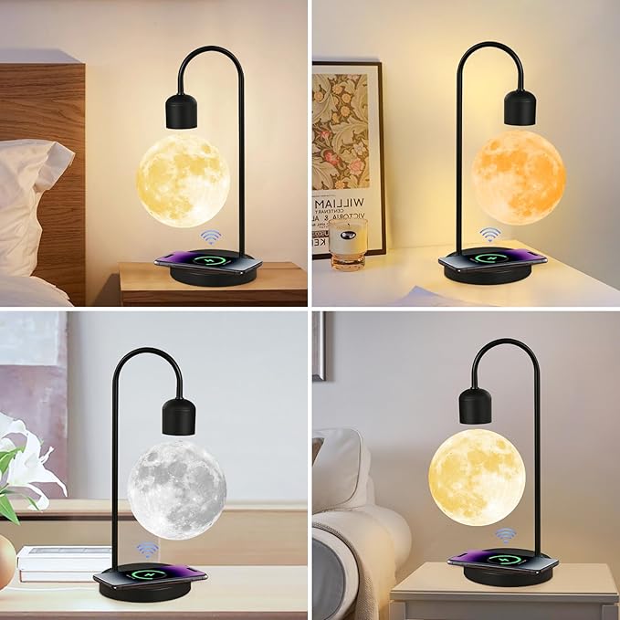 Magnetic Levitating Moon Lamp with 15W Wireless Phone Charger 3-Color LED Floating Night Light Desk Lamp for Bedroom Home Office Decor