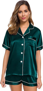 SWOMOG Womens Silk Satin Pajamas Set Short Sleeve Sleepwear Button Down Top and Shorts Loungewear 2 Piece Pjs Set XS-3XL