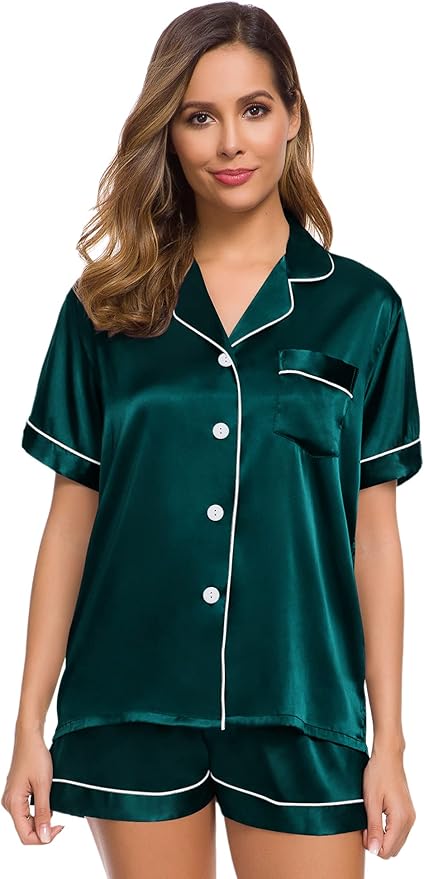 SWOMOG Womens Silk Satin Pajamas Set Short Sleeve Sleepwear Button Down Top and Shorts Loungewear 2 Piece Pjs Set XS-3XL