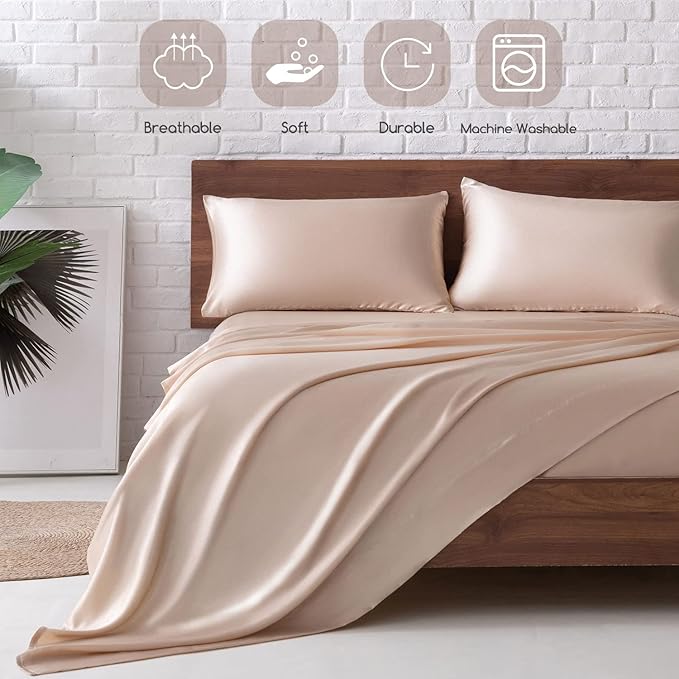 MR&HM Satin Bed Sheets, Twin XL Size Sheets Set, 3 Pcs Silky Bedding Set with 15 Inches Deep Pocket for Mattress (Twin XL, Champagne)