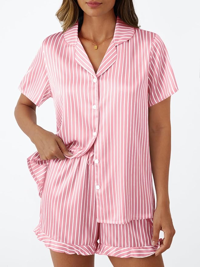 LILLUSORY Womens Satin Silk Pajamas Set 2 Piece Ruffle Pjs Winter Matching Lounge Sleepwear Button Down Striped Shirt Shorts