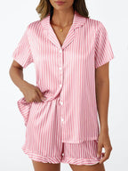 LILLUSORY Womens Satin Silk Pajamas Set 2 Piece Ruffle Pjs Winter Matching Lounge Sleepwear Button Down Striped Shirt Shorts