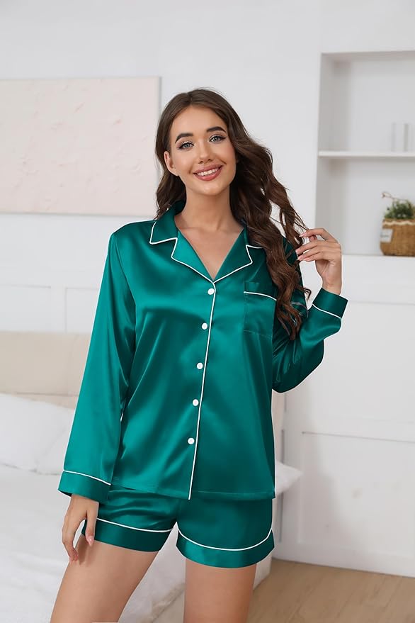Ekouaer Satin Pajama Set for Women Button Down Pj Set Long Sleeve Top and Shorts 2 Piece Loungewear Summer Soft Sleepwear