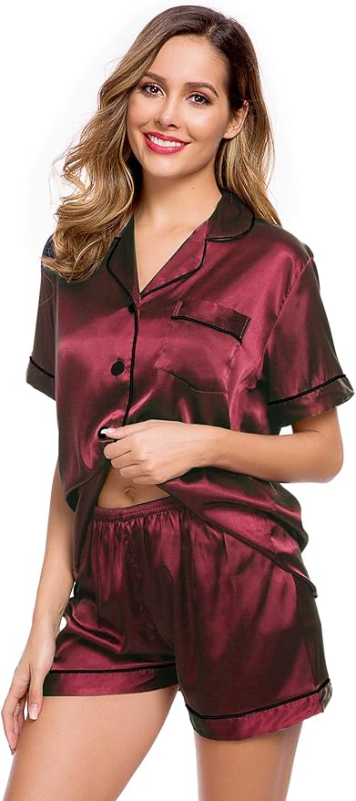 LecGee Womens Silk Satin Pajamas Short Sleeve Loungewear Two-Piece Sleepwear Button-Down Pj Set
